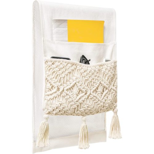 Macrame Couch Organizer Remote Control Caddy Sofa Armrest Armchair Bedside Storage Holder Bag for TV Remote, Magazine, Books, Cell Phone, iPad, Boho Living Room Home Dorm Decor, Beige