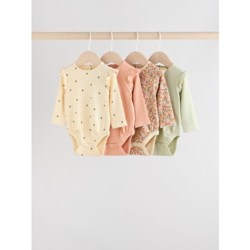 Blue/Cream/Coral Ditsy Baby Long Sleeve Frill Bodysuits 4 Pack (0mths-2yrs)