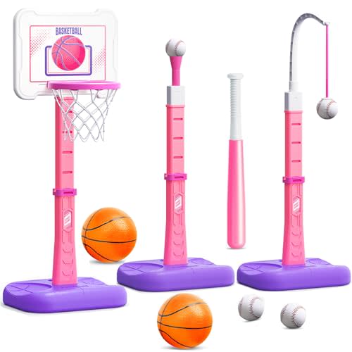 ShyLizard 3 in 1 Kids Basketball Hoop and T Ball Set, Adjustable Height Toddler Basketball Hoop, Hanging Tee Baseball, Indoor Outdoor Sports Toys Gifts for Toddlers Boys Girls Ages 3 4 5 Year（Pink