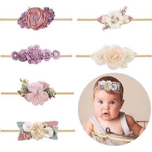 Baby Girl Flower Headband 6 PCS Elastic Hairbands Handmade Nylon Bows Headbands Chic Floral Hair Accessories Kids Gifts for Newborn Infant Toddlers