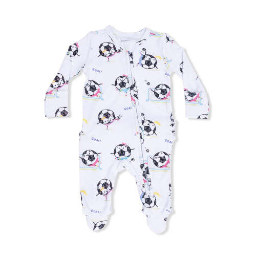 2-Way Zip Ruffle Footie, Soccer Balls Playing Soccer Pink