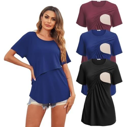 Ekouaer Women's Maternity Shirts Short Sleeves Nursing Tops 3 Pack Double Laye Breastfeeding Tees Pregnancy Clothes S-XXL