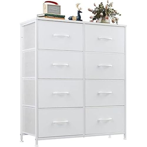 OLIXIS Dresser for Bedroom, 8 Storage Drawers, Tall Large Fabric Storage Tower Organizer, Chest of Drawers with Metal Frame Wooden Top for Nursery, Closet, Living Room, Entryway, Classic White