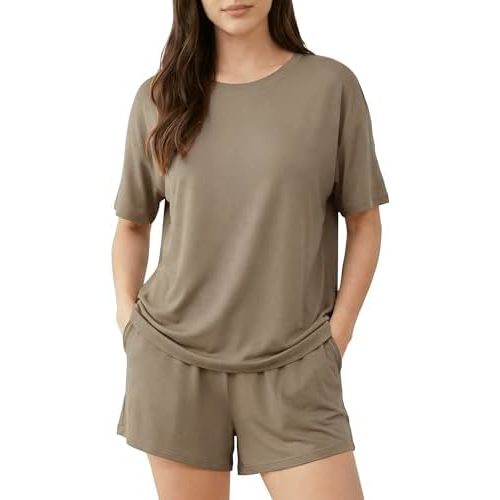 Womens Pajama Sets Cooling Viscose Made from Bamboo: Short Sleeve Top and Shorts, Soft Sleepwear Loungewear Summer