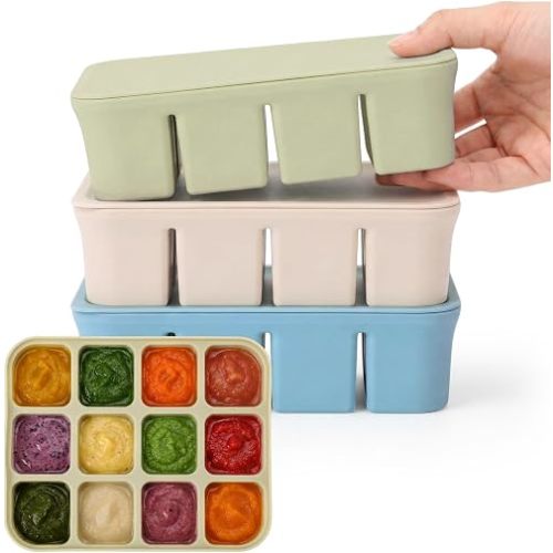 3 Pack Baby Food Freezer Tray with Lids,12 Cups,Blue, Green, Khaki