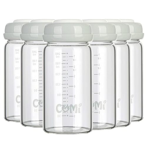 COMI Wide Neck Glass Breastmilk Collection n Storage Bottle, 8oz with Screw Ring Sealing Disk; Re-markable Sealing Disc. BPA Free, Fits Breast Pumps & Nipples (6 Gray Lids)