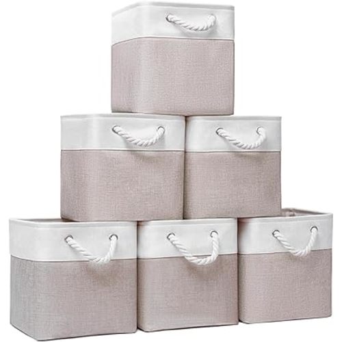 Cube Storage Bins, Collapsible Fabric Storage Cubes Bins, 11 Inch Cube Storage Bins with Handles, Foldable Storage Cubes (White/Beige, 6Pack)
