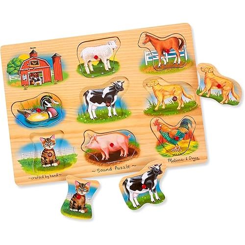 Melissa & Doug Farm Sound Puzzle - Wooden Peg Puzzle with Sound Effects (8 pcs)
