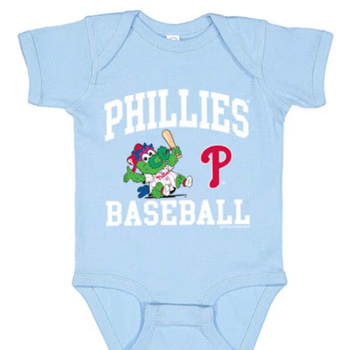 Philadelphia Phillies Phillie Phanatic Baby Arched Wordmark LIGHT BLUE One Piece - 171731329
