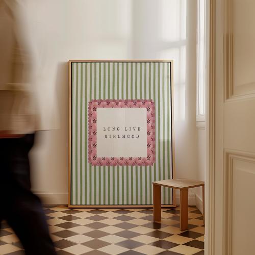 Long Live Girlhood, Vintage Girl Nursery Art, Girl Room Decor, Pink and Green Striped Nursery Print, Cottagecore Wall Art, Digital Download