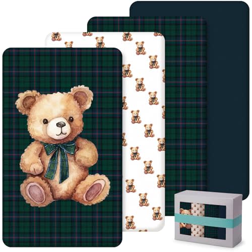SmoothNovelty 4 Pack Tartan Plaids Bear Crib Fitted Sheet for Boys Girls | 52" x 28", Dark Green, Neutral Baby Sheet with Gingham Style, Nursery Decor for Standard Mattress, Microfiber Soft Breathable