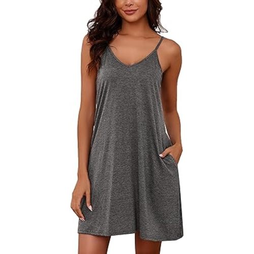 Marvmys Womens Cotton Sleeveless Nightgown Spaghetti Strap V Neck Full Slip Sleep Dress with Pockets