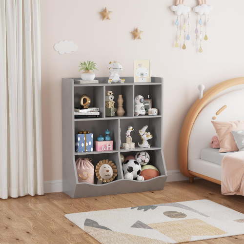 TROPOW Toy Storage Organizer,Three-Tier Kids Bookshelf and Bookcase for Storage Books and Toys,Multi Shelf with Cubby Cabinet for Boys and Girls,Playroom and Nursery,Gray