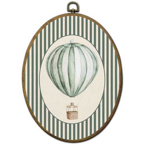 QZQE Sage Green Hot Air Balloon Nursery Oval Wall Art Decor Framed, Kids Playroom Oval Canvas Prints, Vintage Striped Hot Air Balloon Wall Hanging Decor for Kids Boys Room Bedroom, 8.6x11.4 Inch