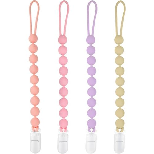 Silicone Pacifier Clip Holder, 4 Pack One Piece Soft Flexible Binky Clips