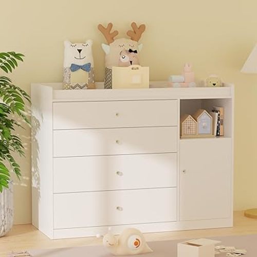 Baby Changing Table Dresser with 4 Drawers and 1 Open Shelves White Nursery Dresser with Baby Changing Table Diaper Changing Station with Large Cabinet for Newborn and Infant