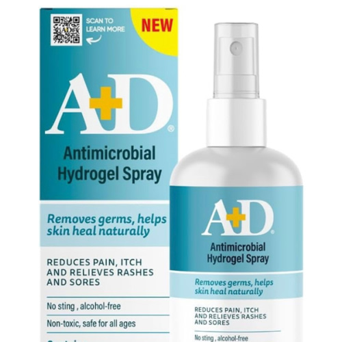 A+D Antimicrobial Hydrogel Spray – with Hypochlorous Acid, Removes Germs, Helps Heal Rashes & Irritations, Reduces Itch & Pain, Alcohol-Free, Non-Sting Formula, Safe for All Ages, 4oz