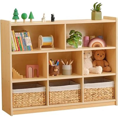 OOOK Montessori Toy Shelf, 35.4" H, 3-Tier Toy Storage Organizer with 8 Cubby, Wooden Storage Cabinet, Montessori Shelves for Playroom, Nursery, Daycare, Preschool, Classroom Furniture