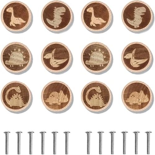 12 Pack Dinosaur Dresser Knobs 40MM/1.57" Wooden Cartoon Animal Cabinet Knob Kids Dresser Knobs Handle Drawer Knobs for Nursery