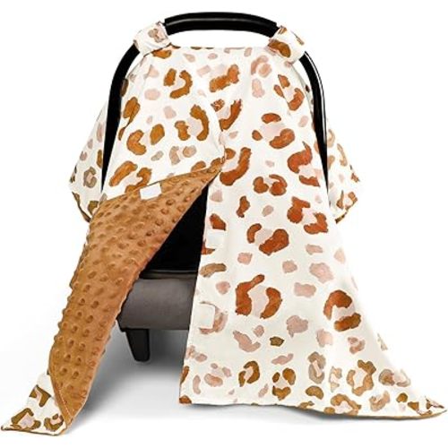 Baby Car Seat Cover, Soft Minky Warm Winter Car Seat Canopy for Infants & Toddlers, Opening with Adjustable Strap, Breathable Nursing Cover & Stroller Blanket, Brown (Fits Most Car Seats)