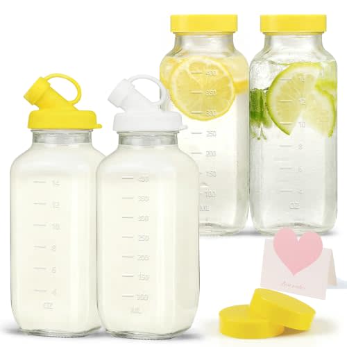 16 oz Reusable Glass Milk Bottles with Pour Dispenser | Juice Bottles with Airtight Lid for Fridge, Glass Pitchers with Scale, Gift
