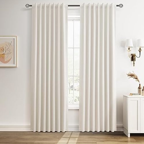 Guken Beige White Blackout Linen Textured Curtains 84 Inches Long 2 Panels Set Back Tab Hook Belt Country Farmhouse Room Darkening Thermal Insulated Noise Reducing Curtains Living Room Bedroom 52x84