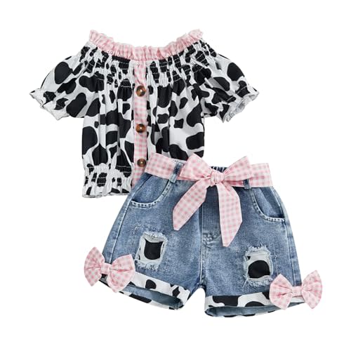 Western Baby Girl Clothes Cow Print Shirt Off Shoulder Smocked Top and Jeans Shorts Toddler Cowgirl Outfit Denim Set