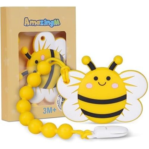 Baby Food Grade Silicone Teether Ring Toy with One Piece Design Pacifier Clip Holder,Teething Toys Gift Set for 3 Months+ Boys and Girls,Freezer Safe,BPA Free.(Yellow Bee)