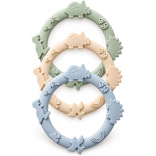 Silicone Teethers for Babies 0-6 6-12 Months Teething Toys for Infants Baby Chew Toys for Sucking Needs Baby Teething Rings for Infant Boys and Girls 3 Pack-Dinosaur-Blue