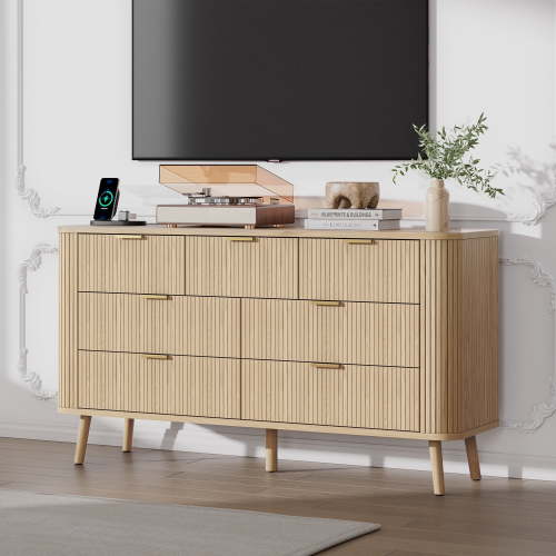 Fluted 7 Drawers Dresser with USB Charging Station, 57" Mid-Century Modern TV Stand with Curved Profile for Bedroom & Living Room, Natural Oak