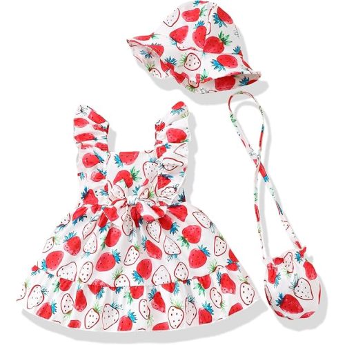 Renotemy Newborn Infant Baby Girl Dresses Summer Outfits Boho Casual Sundress Gifts Toddler Clothes for Girl with Hat and Bag