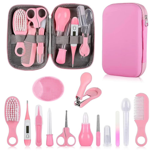 Baby Grooming Kit, Infant Safety Care Set with Hair Brush Comb Nail Clipper Nasal Aspirator,Baby Essentials Kit for Newborn Girls Boys (Pink Baby Grooming kit)