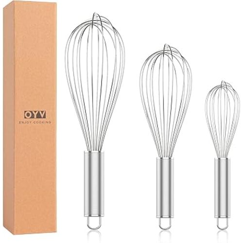 OYV 304 Stainless Steel Whisk Set, Dishwasher Safe Rustproof Metal Whisk, Professional Balloon Wire Whisks for Kitchen Cooking, Perfect For Blending, Whisking, Baking, Beating, 3 Packs (8" 10" 12")