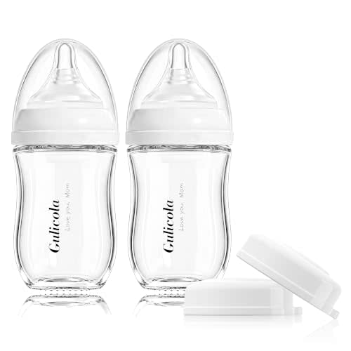 Gulicola Natural Glass Baby Bottle, 5 oz, 2 Pack, White | For Breastfeeding Babies, Newborn, Anti-Colic, Slow Flow Nipple, 0-3 Months
