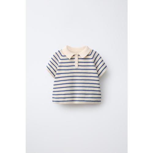 STRIPED KNIT POLO SHIRT - Ecru / Blue | ZARA United States