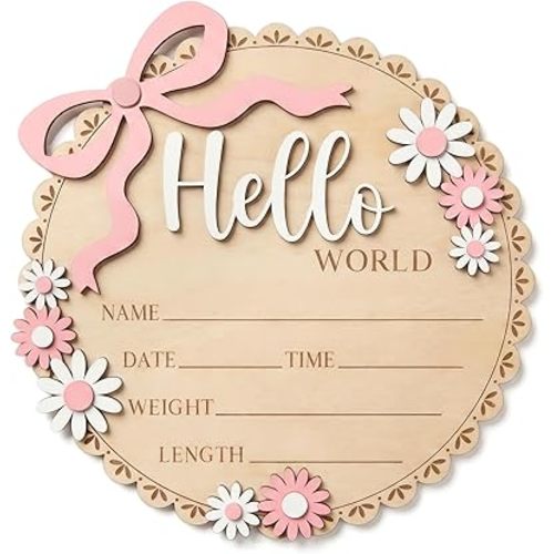 Baby Announcement Sign, 6.2 in Wooden Hello World Newborn Sign with 3D Pink Bow and Daisies, Birth Announcement Sign for Hospital, Welcome Baby Girl Name Plate and Nursery Decor (Round)