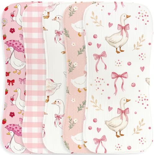 5pcs Goose Burp Cloths for Baby Girls Parent,100% Cotton White Geese Themed Design Burp Rags, Soft Breathable Muslin Burping Cloths Absorbent Spit-Up Cloths for Infant Newborns