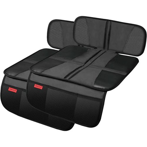 Car Seat Protector - Seat Protection Mat - Thick Padding - Durable, Waterproof Fabric, Leather Reinforced Corners & 3 Pockets for Handy Storage Black