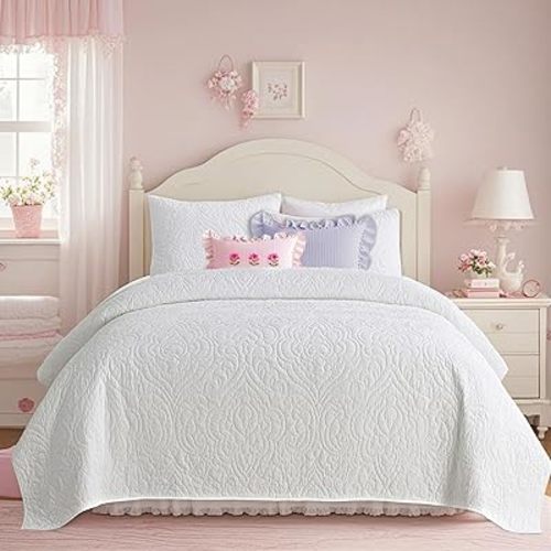 Querencia Cotton Quilt Twin/XL - White Bedspread, Lightweight Coverlet, Paisley Floral Stitched, Teen Girl Bed Spread, Bedding with 1 Pillow Sham (Set of 2)