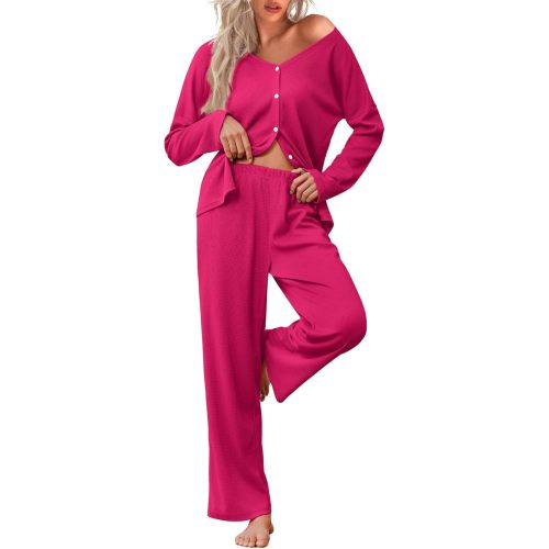 SIZE: LARGE or EXTRA large Ekouaer Womens Waffle Knit Pajamas Long Sleeve Lounge Set Button Up Pjs Loungewear with Pockets