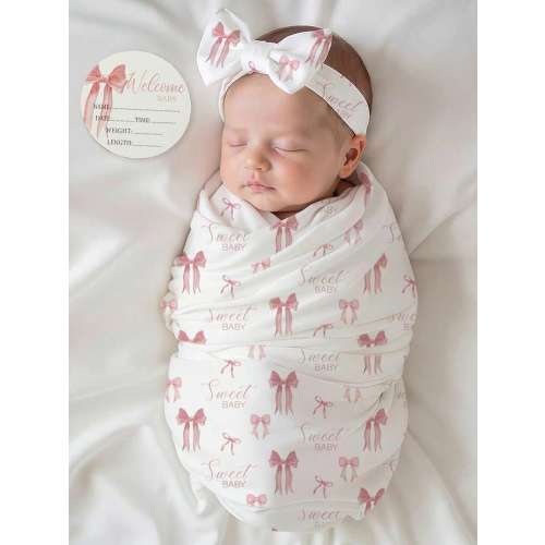 SHEIN 3Pcs Set White With Black Polka Dots Summer Funny Graphic Baby Shower Newborn Swaddle Wrap Headband With Birth Announcement Name Cards Infant Props | SHEIN USA