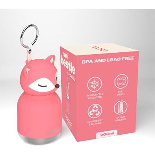 Mini Bestie Water Bottle Cute Collectible Character Bottle for All Ages Leakproof Stainless Steel, 6.7oz, BPA-Free with Strap & Clip Insulated Bottle for Travel, Work & Gifting