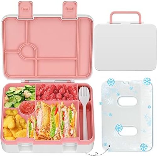 Kids Bento Lunch Box, 5 Compartments, Leak-Proof Bento Box, Pink