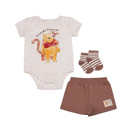 Magic Threadz Clothes Disney Baby Boys 3-Piece Short Set – Mickey, Pooh, Dumbo & Stitch Bodysuit, Shorts & Socks (0-9M)