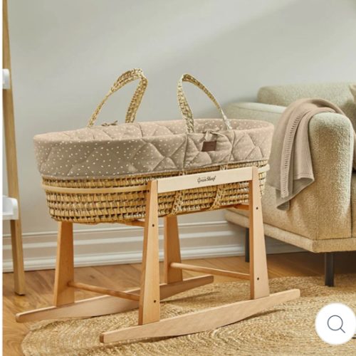 THE LITTLE GREEN SHEEP Quilted Moses Basket and Rocking Stand Bundle - Truffle Rice