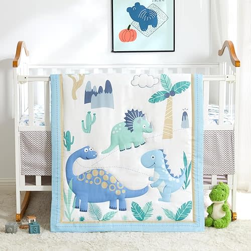 Dinosaur Crib Bedding Set for Boys Light Blue, Premium 3-Piece Baby Bedding Set, Nursery Crib Set, Newborn, Infant & Toddler Nursery Bed Set, Light Blue Dinosaur