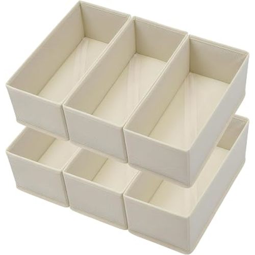 Bructhun Sock Drawer Organizer 6 Pack - Collapsible Fabric Storage Bins for Underwear Divider, Small Closet Organizers with 6 Compartments, Beige