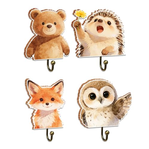4Pcs Woodland Nursery Decor, Wooden Woodland Key Rack Holder Hooks for Wall, Nursery Hook Cute Towel Hanger, Woodland Home Decoration