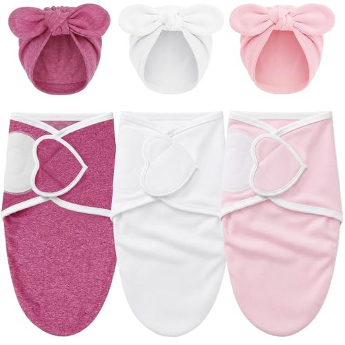 DRESHOW BQUBO 3 Pack Newborn Baby Swaddle Blanket with Hats Infant Adjustable Velcro Swaddling Wraps with Bear Ears Cap for 6-12 Lbs Newborns & 0-3 Months Girls Boys