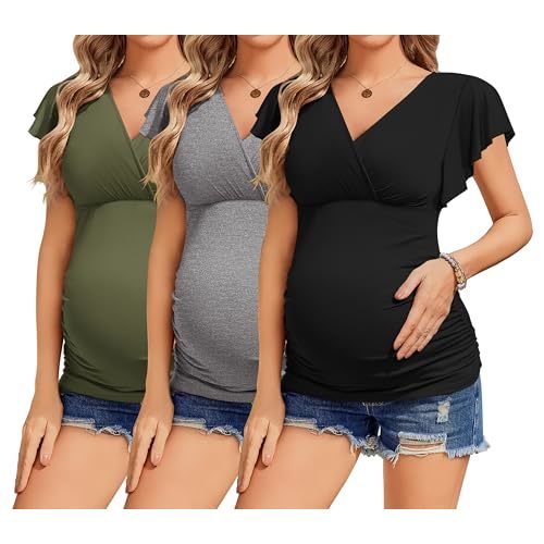 Ekouaer Women's Maternity Shirts 3 Packs Nursing Tops Flying Short Sleeve Breastfeeding Tees Side Ruched Pregnancy Clothes